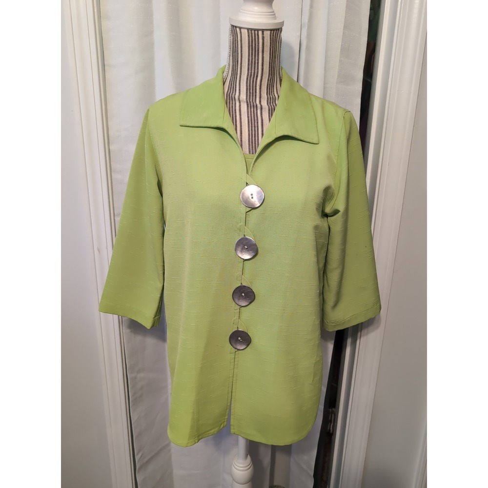 Caroline Rose 2- Piece Green Jacket & Tank‎ Set Silver Artsy Buttons Petite XS